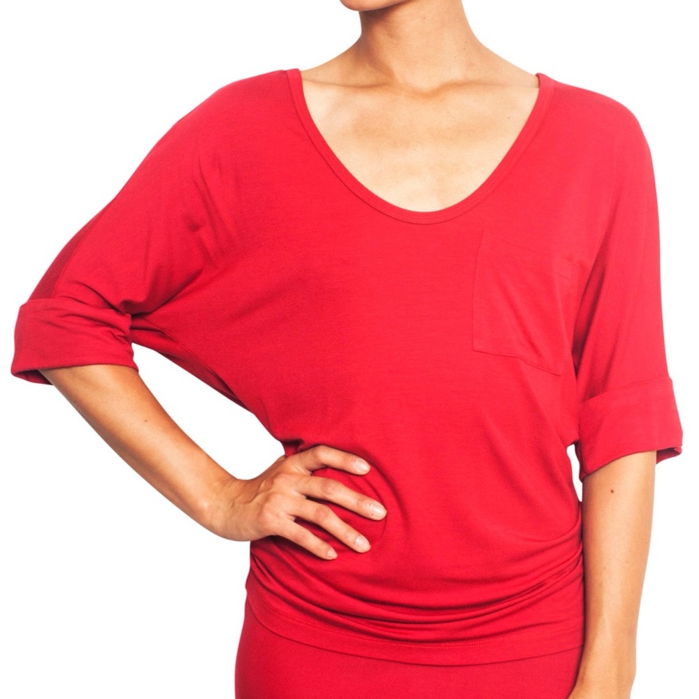 NWT Banboo Tee Top Yoga Rolled Sleeve Casual 3/4 Sleeve Red Large L